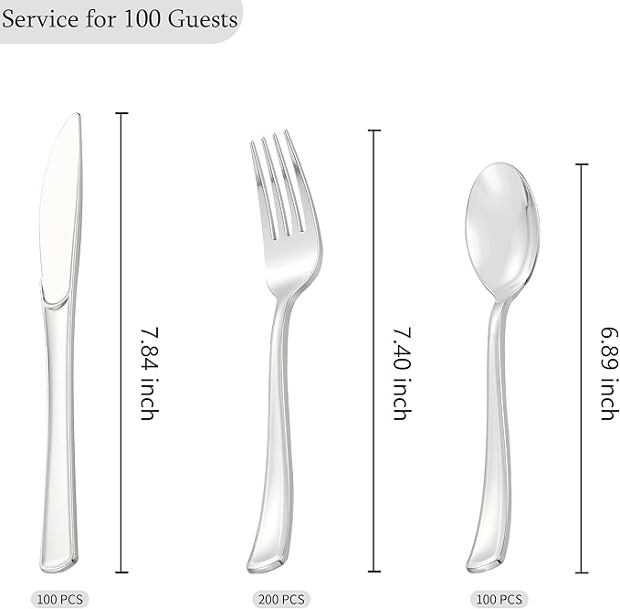 400 PCS Silver Plastic Silverware Set,Disposable Cutlery Set Heavy Duty Flatware for Party,Weddings-200 Silver Forks,100 Knives,100 Spoons