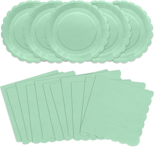 100Pcs Sage Green Plates and Napkins - Disposable Sage Green Scalloped Paper Plates & Napkins Serves 50,Green Party Supplies for Baby Shower Wedding Bridal Shower Birthday
