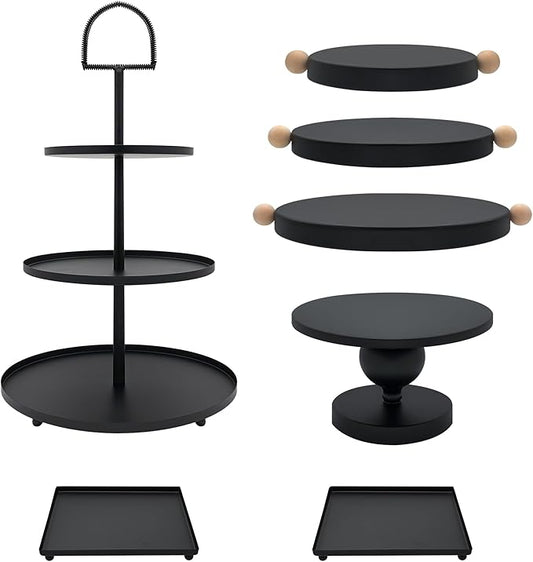 Set of 7 Black Cake Stands Metal Dessert Display Holder Round 3 Tier Cupcake Stand Serving Tray Platter Cake Pedestal Stand for Party Weddings Birthday Baby Showers Anniversary