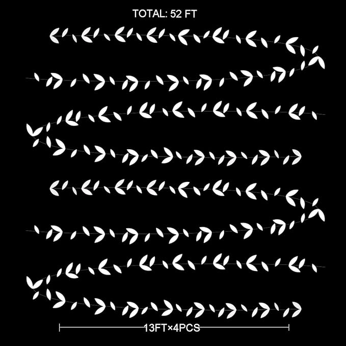 52 Ft White Party Decorations Leaf Garland Kit Paper Hanging White Leaves Streamer Banner for Wedding Engagement Bridal Shower Bachelorette Birthday Baby Shower Showcase Garden Party Decor (4 Packs)