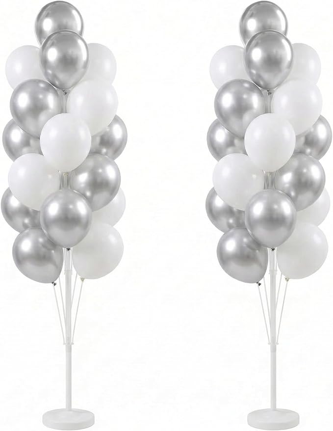 Balloon Column Kit Set of 2 With Balloons Included - with Base, and Pole,Balloon Tower Backdrop Decoration for Wedding, Baby Shower, Birthday Party, or Bachelorette Parties (Silver White)