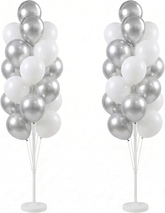 Balloon Column Kit Set of 2 With Balloons Included - with Base, and Pole,Balloon Tower Backdrop Decoration for Wedding, Baby Shower, Birthday Party, or Bachelorette Parties (Silver White)