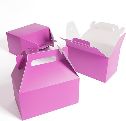XAGLVV 24 Pack Pink Paper Gable Boxes,6.2 Inch Candy Boxes with Handle, Snack Party Favor& Gift Cookie bags for kids Birthday,Wedding, Baby Shower, Graduation.