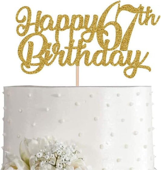 67th Birthday Cake Topper, Gold Glitter Cheers To 67 Years Party Decoration, Supply