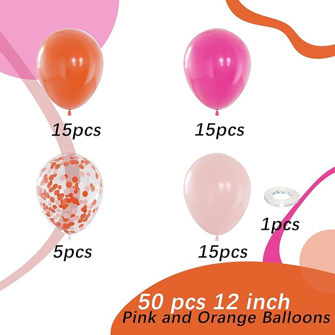 Pink and Orange Latex Balloons, 50pcs 12 Inches Light & Hot Pink Orange with Confetti Balloons for Wedding, Birthday, Baby Shower Tropical Party Decorations