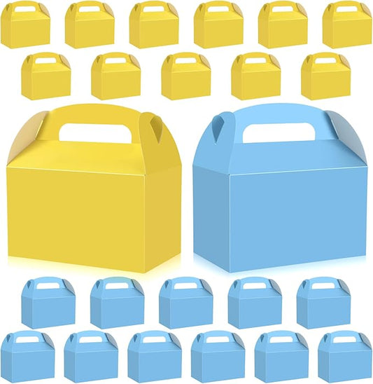 Honoson 24 Pcs Gable Paper Gift Boxes Yellow and Blue Party Favor Treat Boxes for Goodie, Candy, Cookie, Snacks, Sponge Birthday Cartoon Themed Party Decorations 6.3" x 3.74" x 3.74"