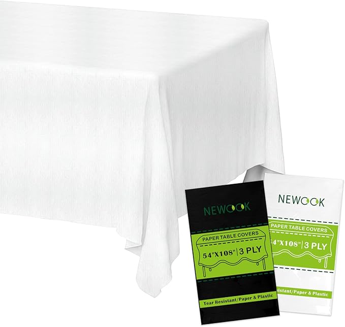 Disposable Tablecloths White Paper Table Cloth for Rectangle Tables 12 Pack,3 Ply Paper & Plastic Table Cloth for Parties,54 x 108 Inch Birthday Table Cover Outdoor Wedding Banquet Tablecover