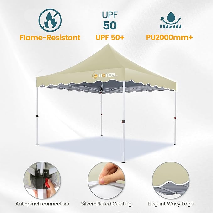 Hoteel 10x10 Pop Up Canopy Tent | One Person Setup Outdoor Shade, UPF 50+ and Waterproof, 210D Oxford Top, 3 Heights Adjustable, 600D Carry Bag for Beach, Events, Commercial Use (Khaki)