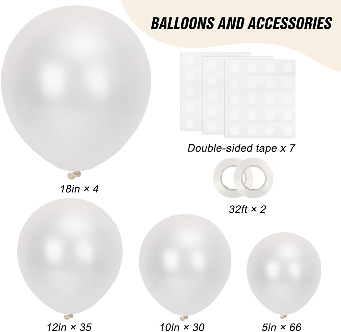 RUBFAC 135pcs Pearl White Balloons, Latex Balloon Different Sizes 18 12 10 5 Inch for Garland Arch Wedding Engagement Anniversary Bridal Baby Shower Birthday Party Decoration