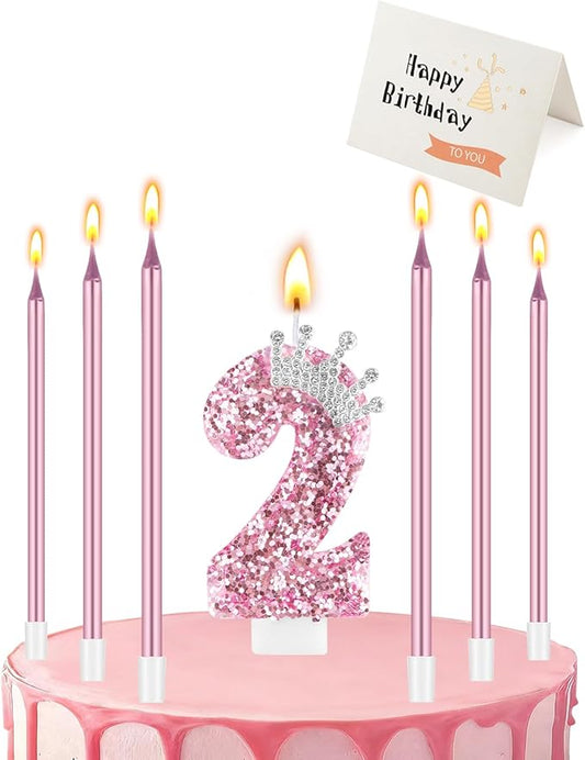 Birthday Candles for Cake, Pink Number Candles, Cake Candles with Greeting Card for Birthday Party Wedding Anniversary Celebrations (2 Candle, Silver Crown)