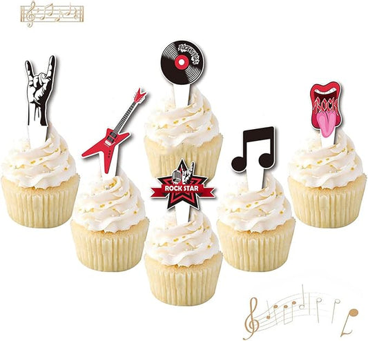 Rock and Roll Cupcake Topper Musical Themed Guitar Cake Topper, Guitar, Note, Rock Music Elements Rock Party Decorations for 80's Retro Themed Music Party Supplies(24Pcs)…