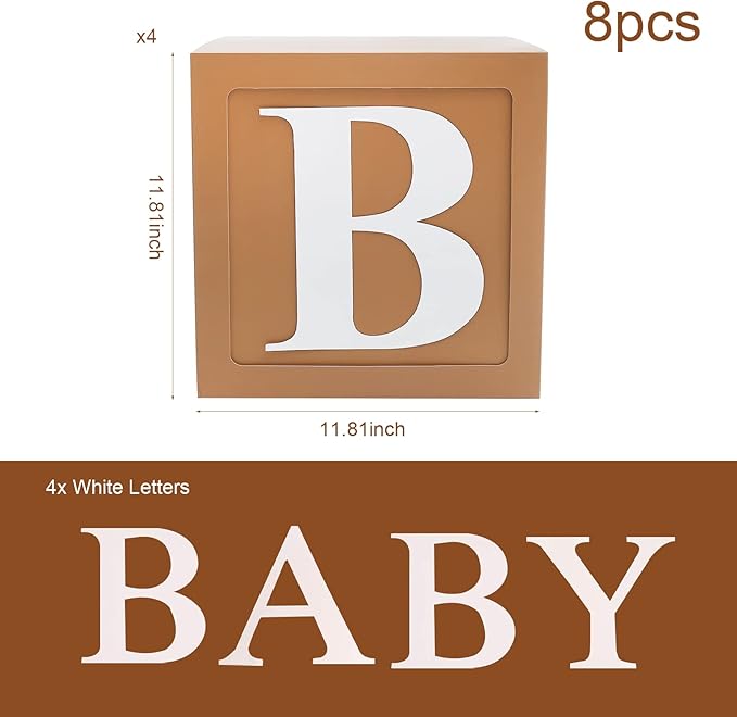 Teddy Bear Baby Shower Boxes Decorations, 4pcs Brown Baby Shower Blocks with Letters, Baby Shower Balloon Paper Boxes for Woodland Baby Shower Decor Boys Girls Gender Reveal Backdrop