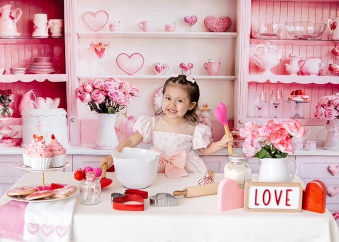 Kate Sweet Heart Backdrops Pink Kitchen Theme Girls Birthday Party Decorations Photo Studio Props, 10x6.5ft