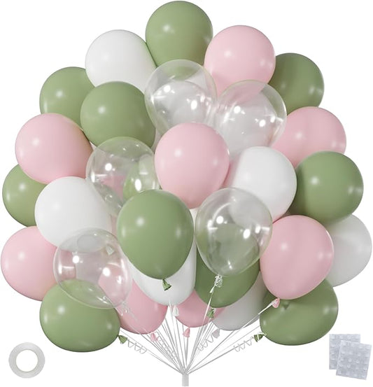 60pcs Sage Green Pink Balloon Kit,12 Inch Boho Olive Green Light Pink White Clear Latex Balloons for Baby Shower Wedding Birthday Garden Party Decorations (Ribbon & Glues)