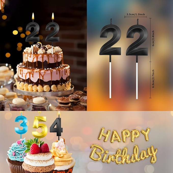 22th Birthday Candles 22 Candles for 22th Birthday Decorations for Boys Happy Birthday Cake Topper Black Birthday Candles Black Number Happy Birthday Decorations for Girls (22)