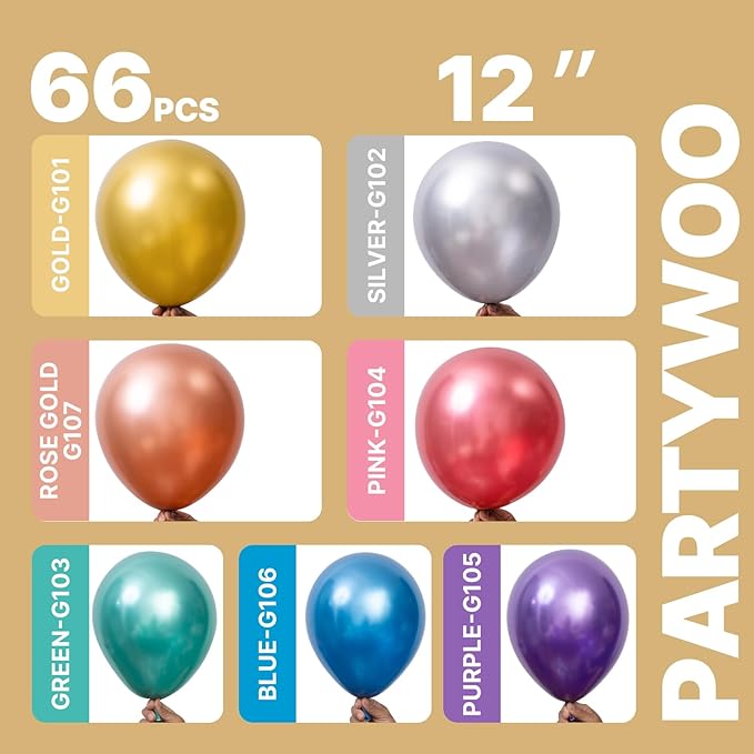 PartyWoo Metallic Balloons 66pcs 12 Inch Metallic Blue Silver Gold Purple Pink Green Rose Gold Latex Balloons for Baby Shower Wedding Engagement Unicorn Rainbow Birthday Party Decorations