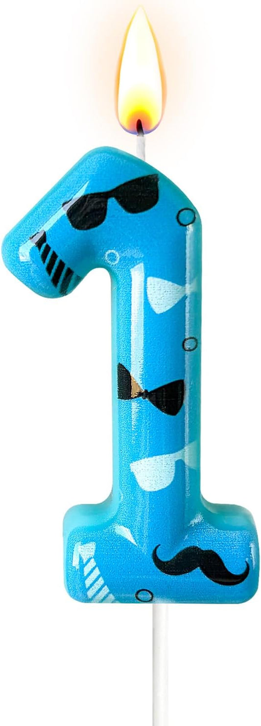 Number 1 Birthday Candle for Cake – Blue Gentleman Style with Sunglasses, Bow Tie & Mustache Design – Cool Cake Topper for Birthday Party Decoration