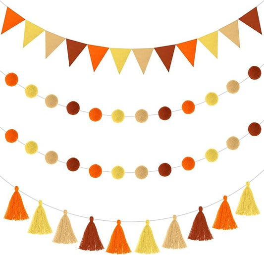Irenare 9.8 ft Pom Pom Garland Felt Rainbow Garland 2026 Graduation Party Decoration Colorful Pennant Tassel Banner Back to School Birthday Triangle Banner for Classroom School Mantel(Autumn Colors)
