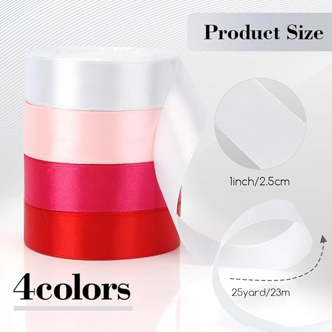 4 Rolls Ribbon for Flower Bouquet Ribbon 1inch 25yard Pink Ribbon White Ribbon Red Ribbon Hot Pink Ribbon for Gift Wrapping Ribbons for Crafts Teacher Ribbon Wedding Ribbon Hair Ribbons for Women