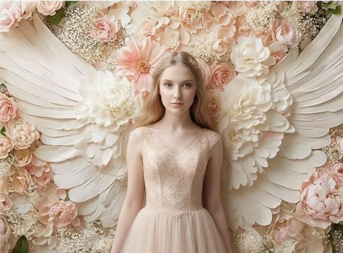 Kate 7x5ft Vintage Pink Floral Angel Wings Photography Backdrops Romantic Flower Wall Photo Background Bohemian Baby Shower Elegant Birthday Party Studio Props