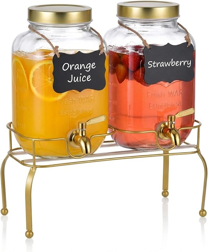 1 Gallon Glass Drink Dispenser Set of 2 – Drink Dispensers for Parties, Beverage Dispenser with Stand & 100% Leakproof Spigot, Ideal for Lemonade, Juice, Laundry Detergent Dispenser