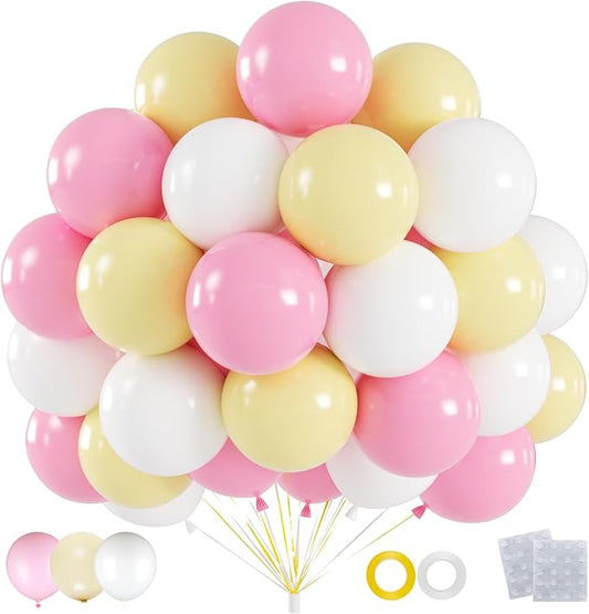 60pcs Easter Party Balloons, 12inch Macaron Pink Yellow White Latex Balloons for Easter Party Decorations, Bridal Shower, Baby Shower, Wedding Decor (With Ribbons)