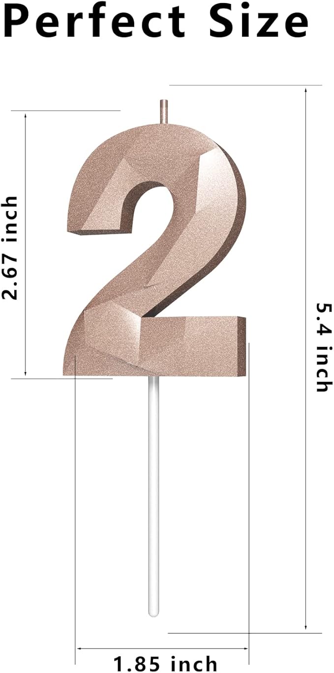 Number Birthday Candles(2 Candle Rose Gold) 3D Diamond Shape Number Happy Birthday Cake Candles for Birthday Party Wedding Decoration Reunions Theme Party