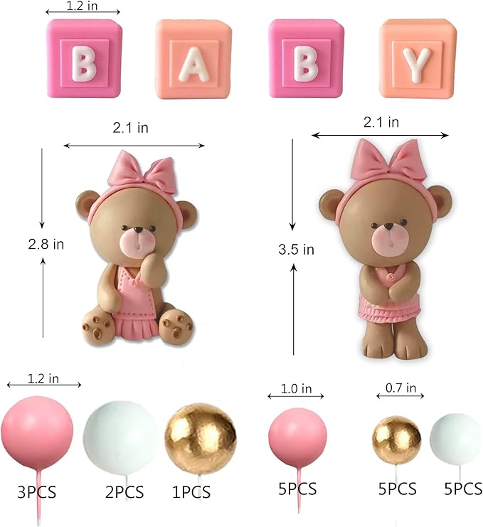 Bear Cake Toppers Balls Cake Decorations with BABY Letters for Baby Shower Gender Reveal Bear Themed Birthday Party Supplies (Girl)
