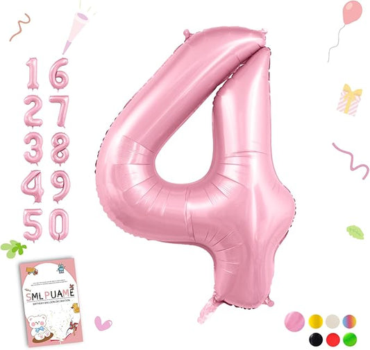 Pastel Pink 4 Balloons, 40 Inch Large Light Pink Foil Number Balloons 0-10, Self-Sealing 4th Birthday Balloon for Girls Women Anniversary Baby Shower Princess Party Decorations Supplies