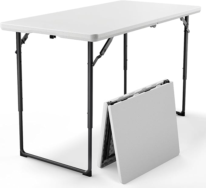 4ft Folding Table with Adjustable Height, Heavy Duty Fold-in-Half Plastic Table with Steel Legs, Portable for Indoor, Outdoor, Picnic, Camping, Dining, Party, White
