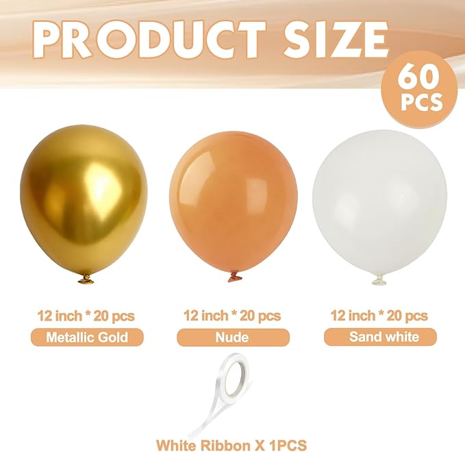 Gold and White Balloons 60 Pcs 12 Inch Latex Balloons Sand White and Golden Balloon with 1 Ribbon, for Birthday Wedding Bridal Shower Party Decorations