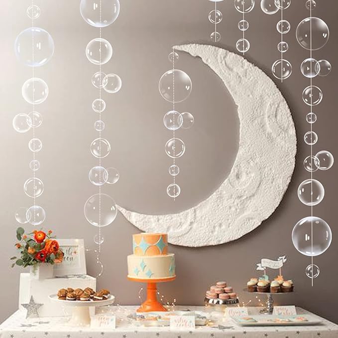 Transparent Bubble Garlands Mermaid Party Decoration Colored Blue Flat Cutouts Hanging Streamer for Birthday Baptism Wedding Ocean Wall Decal Baby Shower Under Sea Festal Kid Room Photo Props (White)
