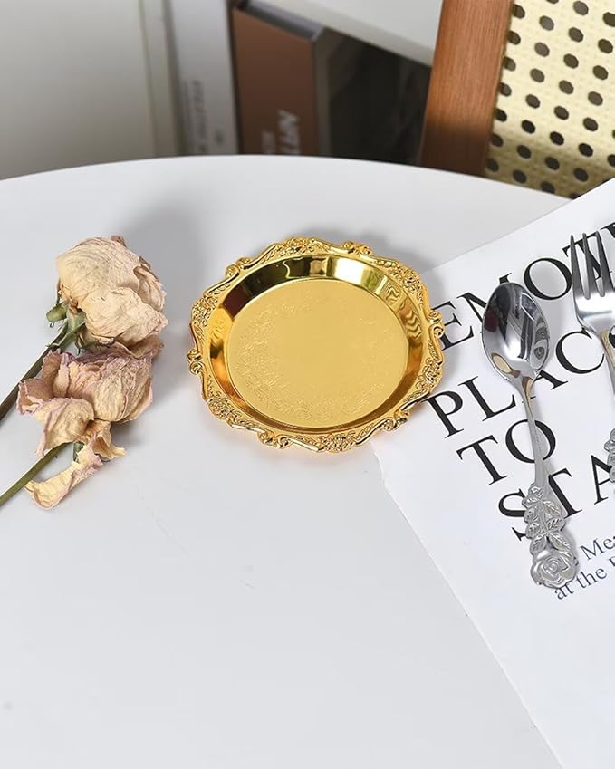 2PCS Coffee Table Tray 5.9in Round Decorative Tray Vintage Metal Dessert Plates for Snacks Fruit Gold
