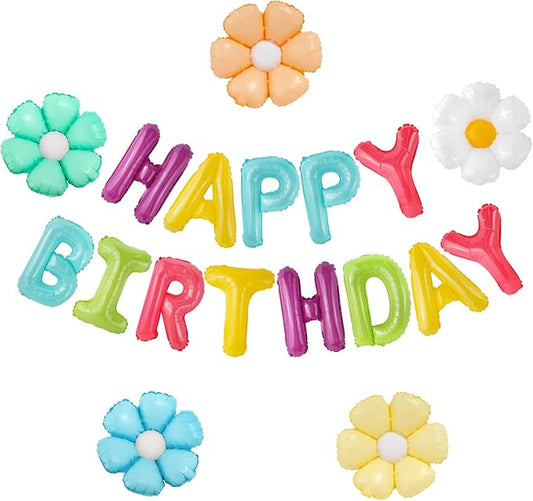 CANREVEL Happy Birthday Banner 13pcs 16 Inch Mylar Foil Letters with 5pcs Flowers Balloons Birthday Party Decorations for Kids and Adults - 3D Macaron