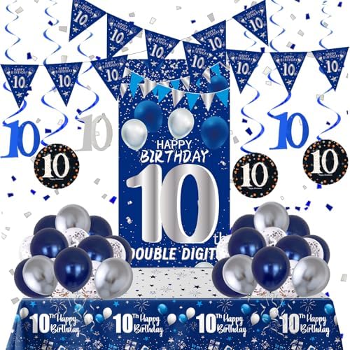 10th Birthday Decorations for Boys Girls, Blue Double Digits Party Supplies