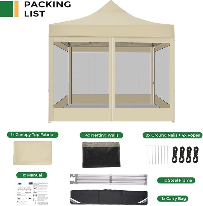 COBIZI 10x10 Heavy Duty Pop Up Canopy Tent with 4 Sidewalls, Easy Set Up Outdoor Waterproof Screen Commercial Party Tent with Mosquito Netting for Parties Backyard Patio, Carry Bag, Khaki
