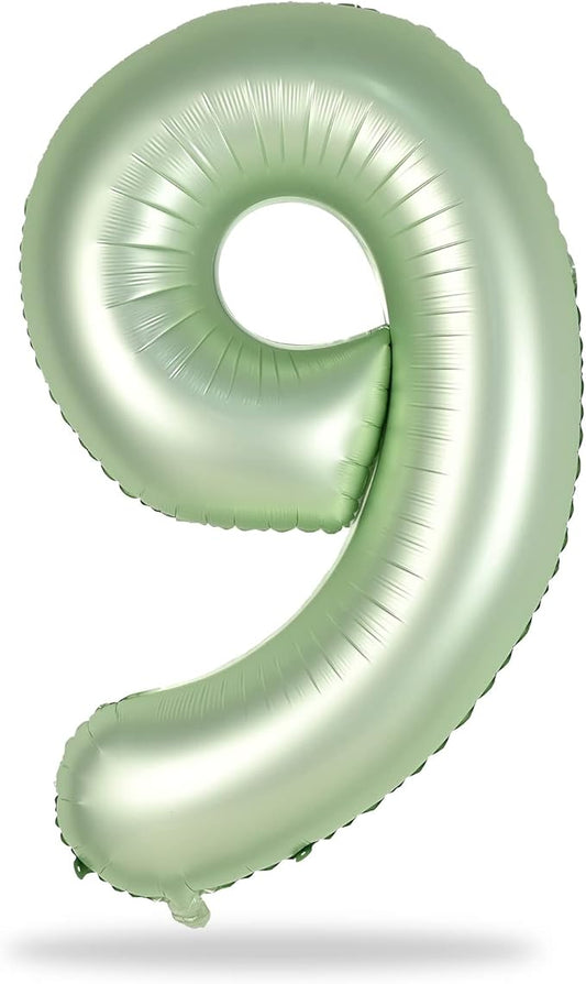 40'' Sage Green Number 9 Balloon, Self Inflating Foil Number Balloons Set 0-9, Olive Green Digital 9 Helium Balloon for Girls Boys 9th Jungle Safari Birthday Party Decorations Anniversary Supplies