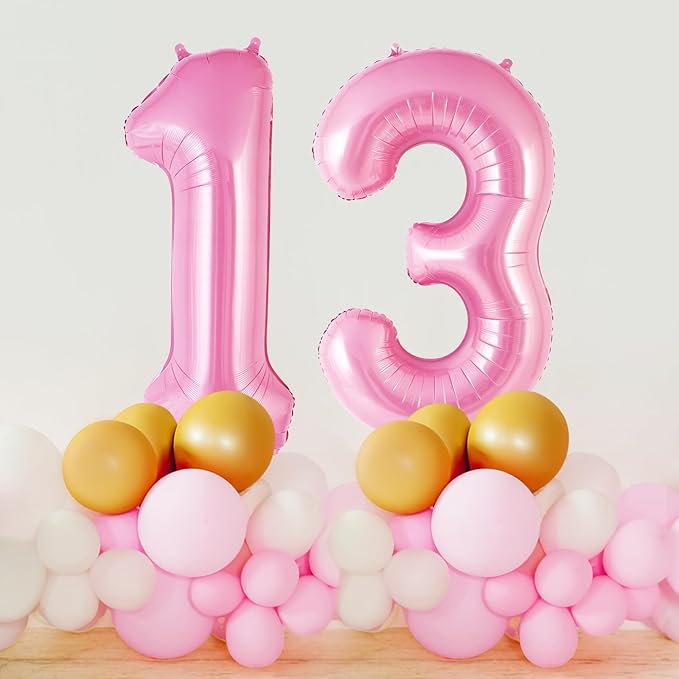 Pink Number 13 Balloon, 40 Inch Big Large Foil Helium Number Balloons, Giant Mylar Number 13 Balloons for 13 Years Old Birthday Party Decorations Supplies Anniversary