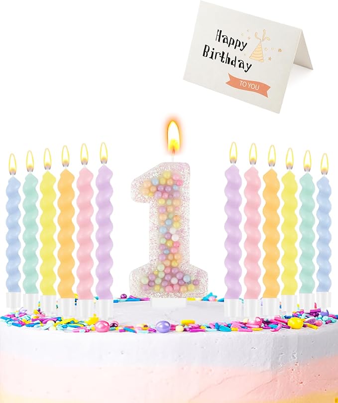 Birthday Candles for Cake, Pink Number Candles, Cake Candles with Greeting Card for Birthday Party Wedding Anniversary Celebrations（1 Candle,White Number Macaron）
