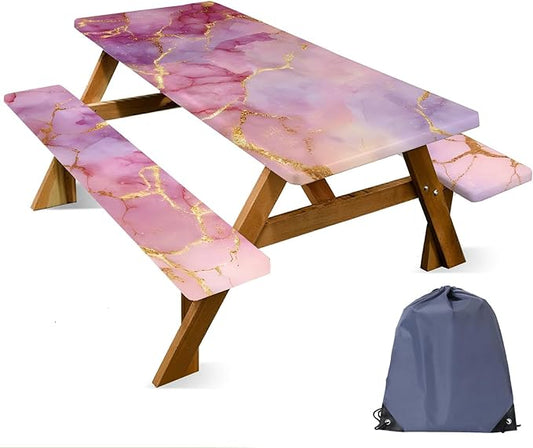 ANNA QUEEN 6FT Pink Marble Outdoor Table Cover with Bench Covers Picnic Table Cover Set 3PCS 72"x30", Outdoor Bench and Tablecloth Furniture Protection