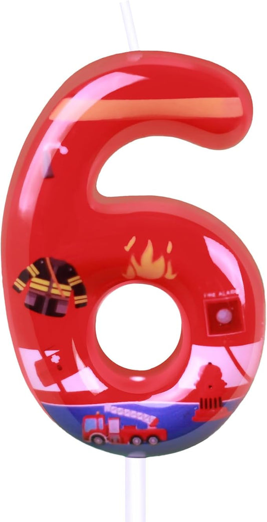 Number 6 Candle, Firetruck Fireman Cake Decoration, 6th Birthday Candle Birthday Party Supplies Firefighter Themed Cake Topper Decorations for Kids Boy Girl Party Decor (red, Number 6)