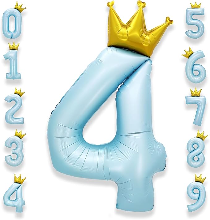 AULE 40 Inch Big Light Blue 4 Balloon Number with Crown Large Foil Helium Number Balloons 0-9 Jumbo Giant Happy 4th Birthday Party Decorations Huge Mylar Anniversary Party Supplies