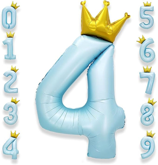AULE 40 Inch Big Light Blue 4 Balloon Number with Crown Large Foil Helium Number Balloons 0-9 Jumbo Giant Happy 4th Birthday Party Decorations Huge Mylar Anniversary Party Supplies