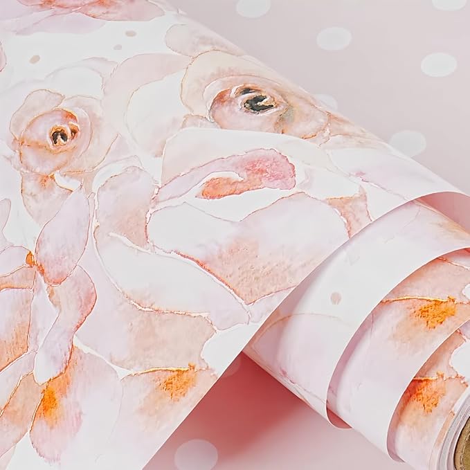 Pink Flower Wrapping Paper, Reversible Pink Wave Point Baby Girl Women Wrapping Paper Gift Wrap for Birthday, Valentines, Mothers day, Graduation, Wedding, Fathers day, Baby Shower (17in x 32.8ft)