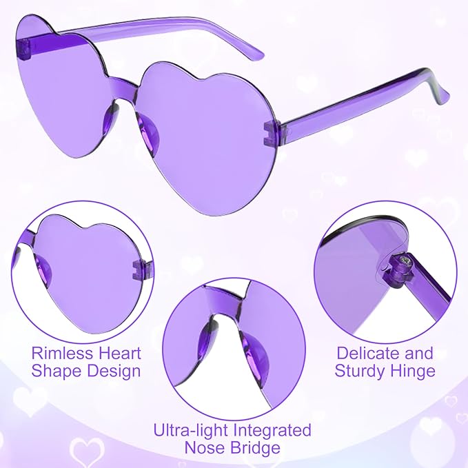 14 Pack Heart Shaped Sunglasses for Women Rimless Heart Glasses Bulk Mardi Gras Candy Color Sunglasses for Party