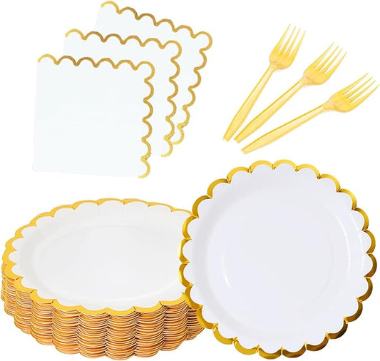 White scalloped party plates with napkins and fork gold foil border, 24 Guest disposable Tableware Set Party Decoration for Birthday Coquette Bridal Baby Shower Valentines