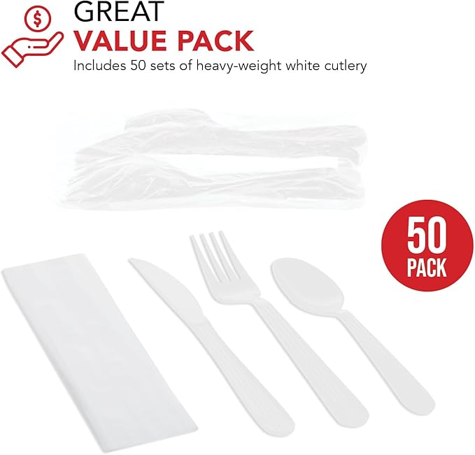 Party Essentials Individually Wrapped Heavy Duty Plastic Utensil Kits, 50 Sets for Party Catering, Fork/Spoon/Knife/Napkin, White