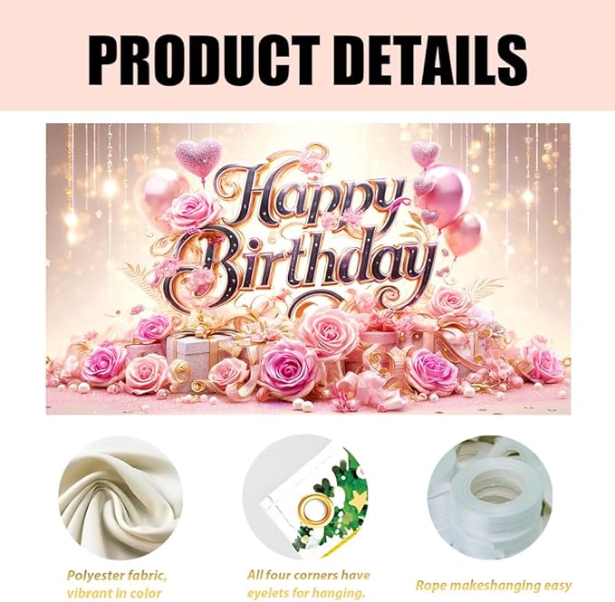 Happy Birthday Party Banner, Colorful Floral Party Decorations for Birthday Celebration, 71x43in Photo Backdrop for Party, Home Decor, Event Decorations