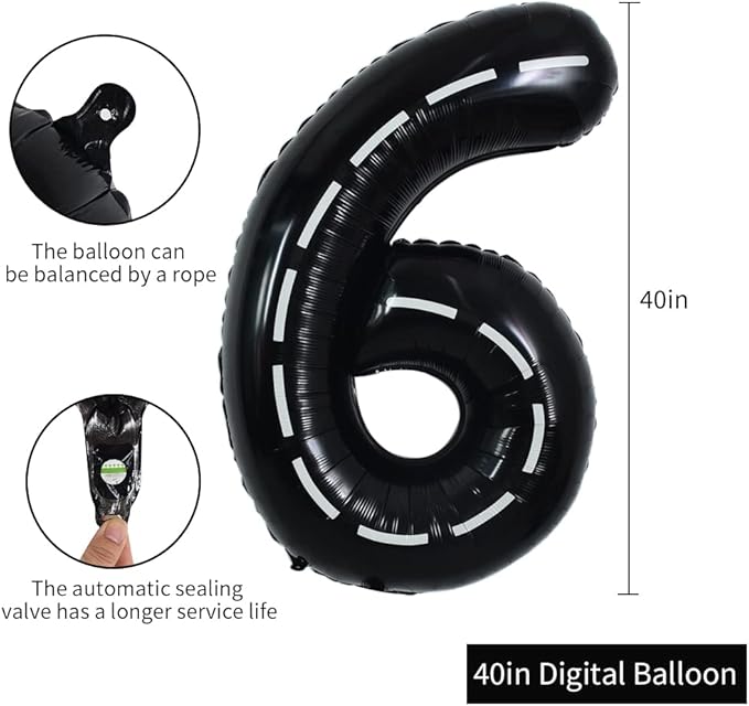 TONIFUL Race Car Black Balloons Car Birthday Party Supplies,40 Inch Giant Jumbo Helium Foil Mylar Big Number 6 Digital 6 Balloons for Boy's Birthday Party Truck Race Car Theme Party Decorations