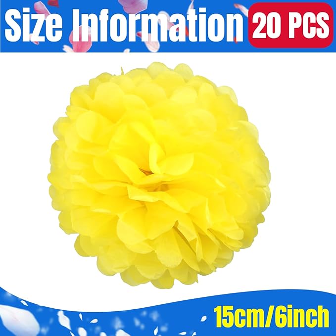 Qimoo 20pcs Yellow Paper Pom Poms Decorations, DIY Decorative Tissue Paper Pom-poms Flowers Ball for Party Wedding Outdoor Decoration
